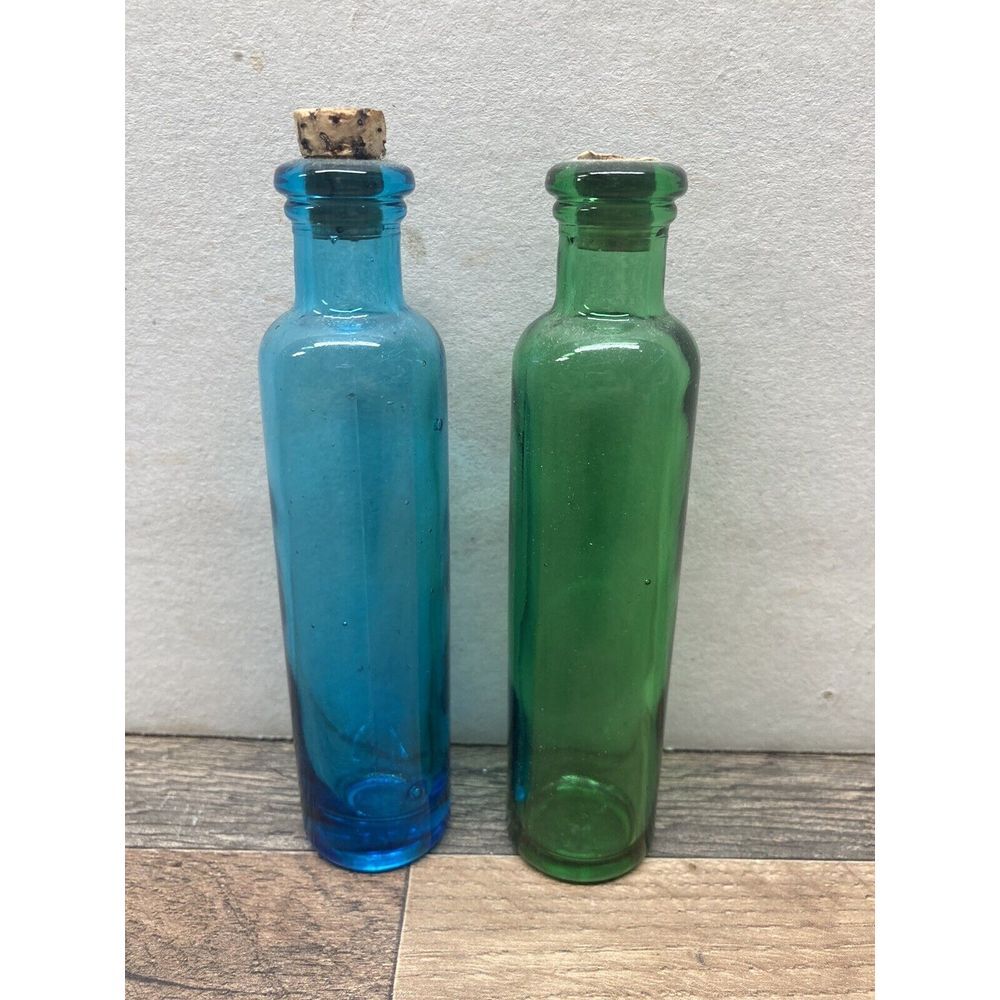 Vintage Glass Mini Containers GREEN & BLUE with Cork Marked PMP